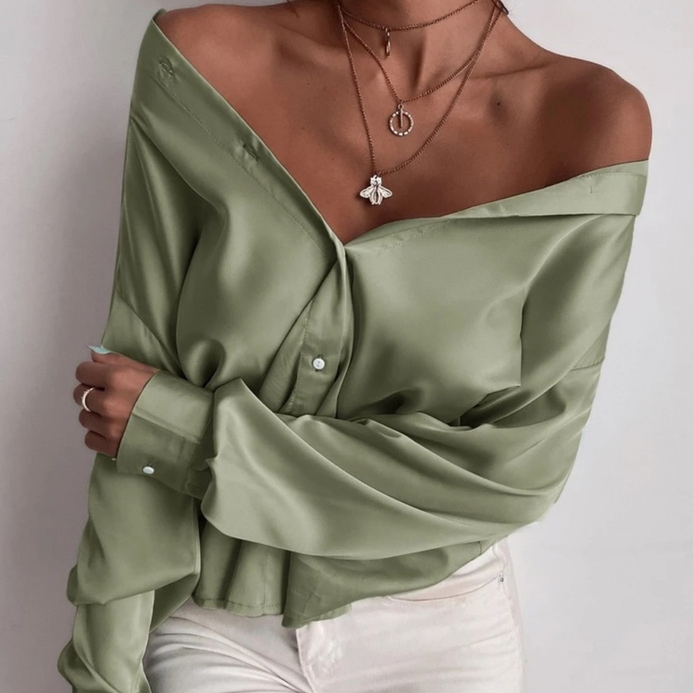 Satin silky button up collared shirt dusty pink - Picture 7 of 12